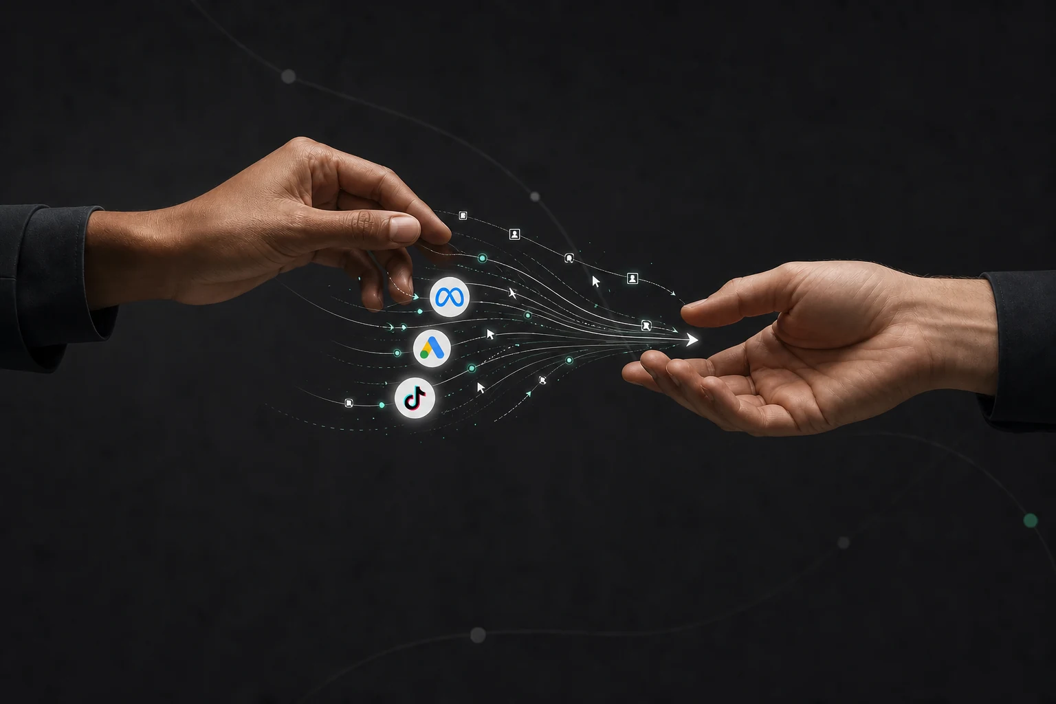 Meta, Google Ads and TikTok traffic flowing between two people through tracked paths